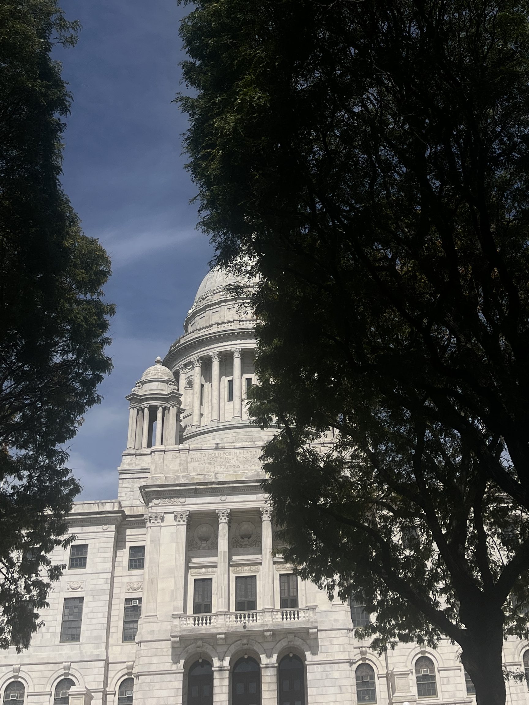 A picture of the Rhode Island State House partially obstructed by leafy trees.